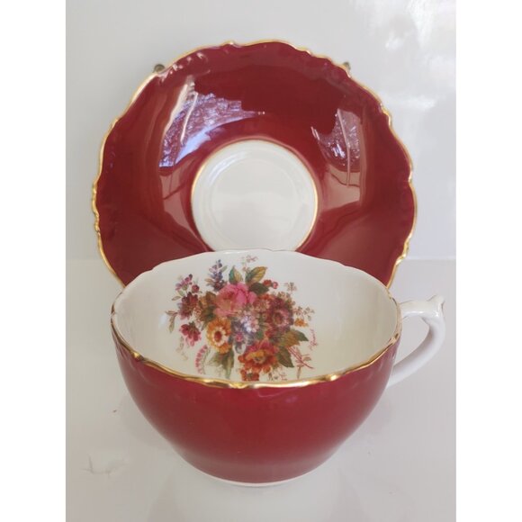 Vintage Coalport Bone China Teacup and Saucer Burgundy Fall Florals 1960's - Picture 1 of 9